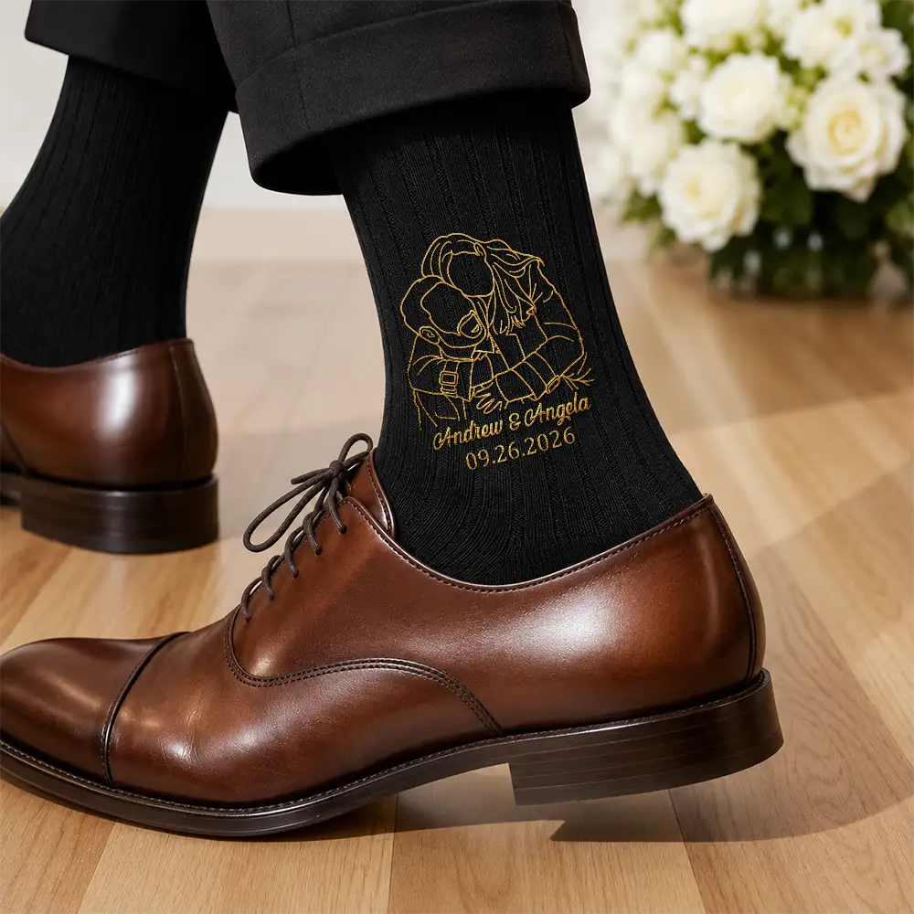 Gift For Husband, Gift For Couples, Custom Photo, Art Design, Wedding, Romantic, Photo - Outline Sketch - Custom Photo Outline Sketch Couple Romantic Portrait - Personalized Embroidered Socks