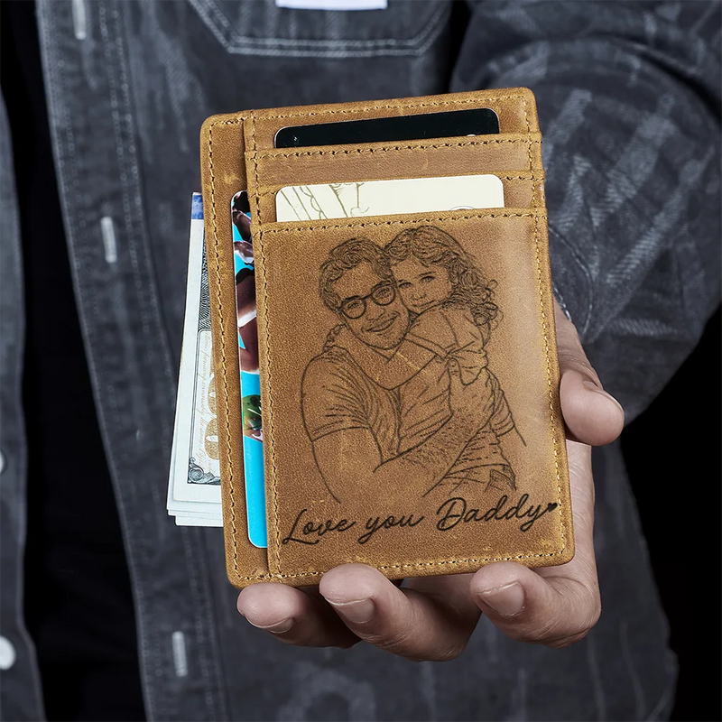 Gift For Father, Gift For Grandpa, Happy, Custom Photo - Custom Photo Outline Sketch Dad Grandpa And Kids Custom Message - Personalized Card Wallet