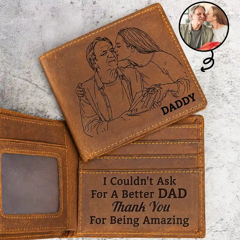 Custom Photo Outline Sketch Dad Thank You For Being Amazing - Personalized Engraved Leather Wallet