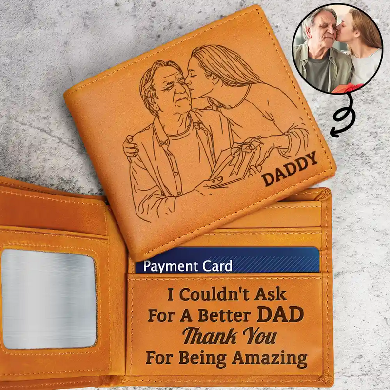 Gift For Father,Gift For Grandpa,Happy,Custom Photo - Custom Photo Outline Sketch Dad Thank You For Being Amazing - Personalized Engraved Leather Wallet