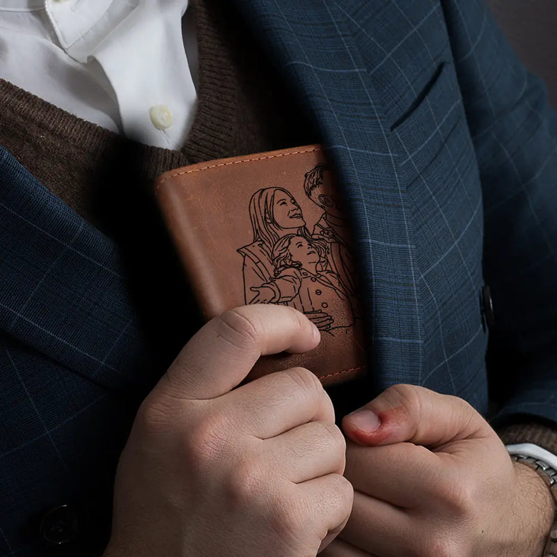Gift For Father,Gift For Grandpa,Happy,Custom Photo - Custom Photo Outline Sketch Dad Thank You For Being Amazing - Personalized Engraved Leather Wallet