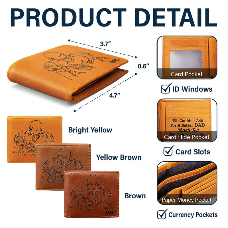Gift For Father,Gift For Grandpa,Happy,Custom Photo - Custom Photo Outline Sketch Dad Thank You For Being Amazing - Personalized Engraved Leather Wallet