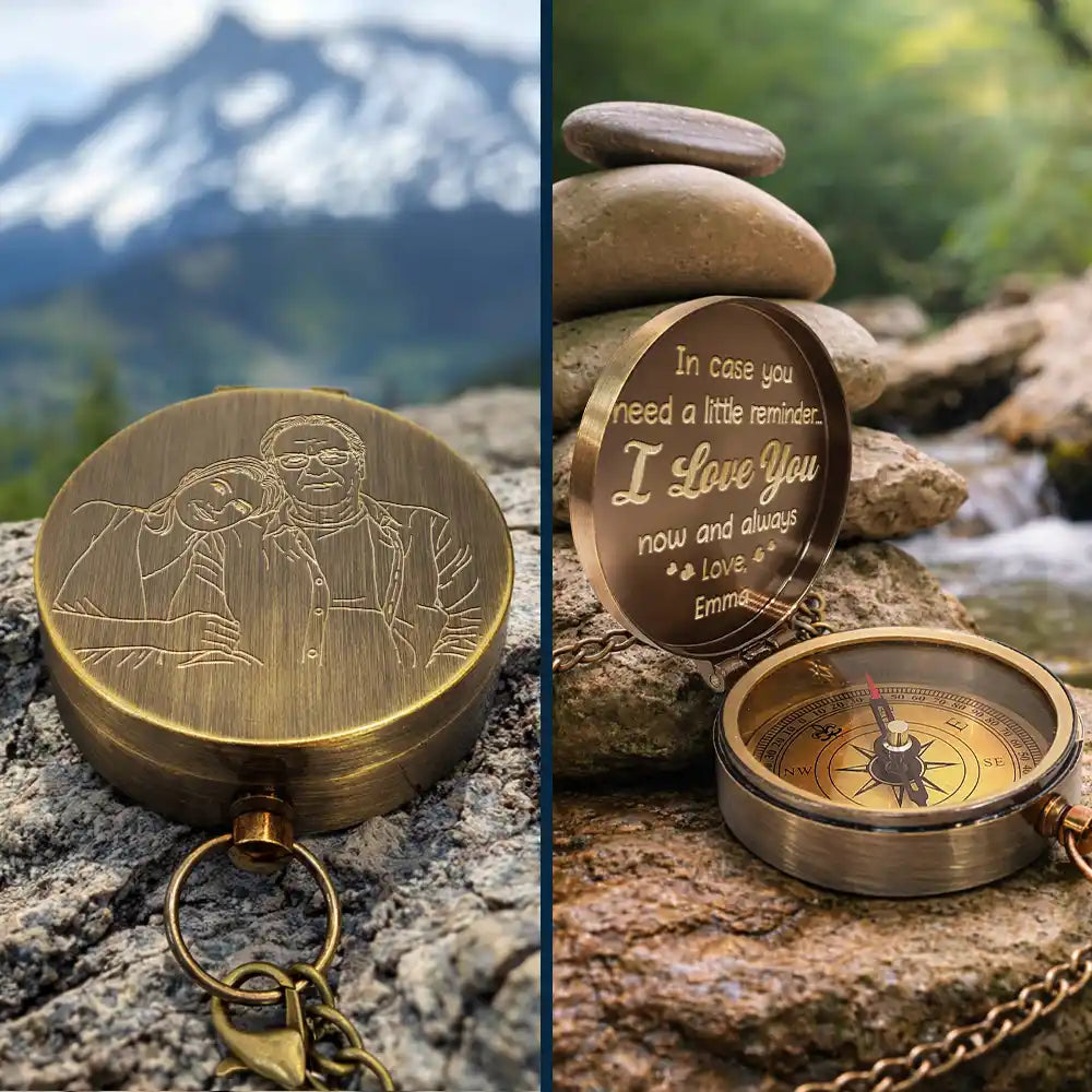 Gift For Father, Gift For Husband, Love - Custom Photo Outline Sketch In Case You Need A Little Reminder - Personalized Engraved Brass Compass