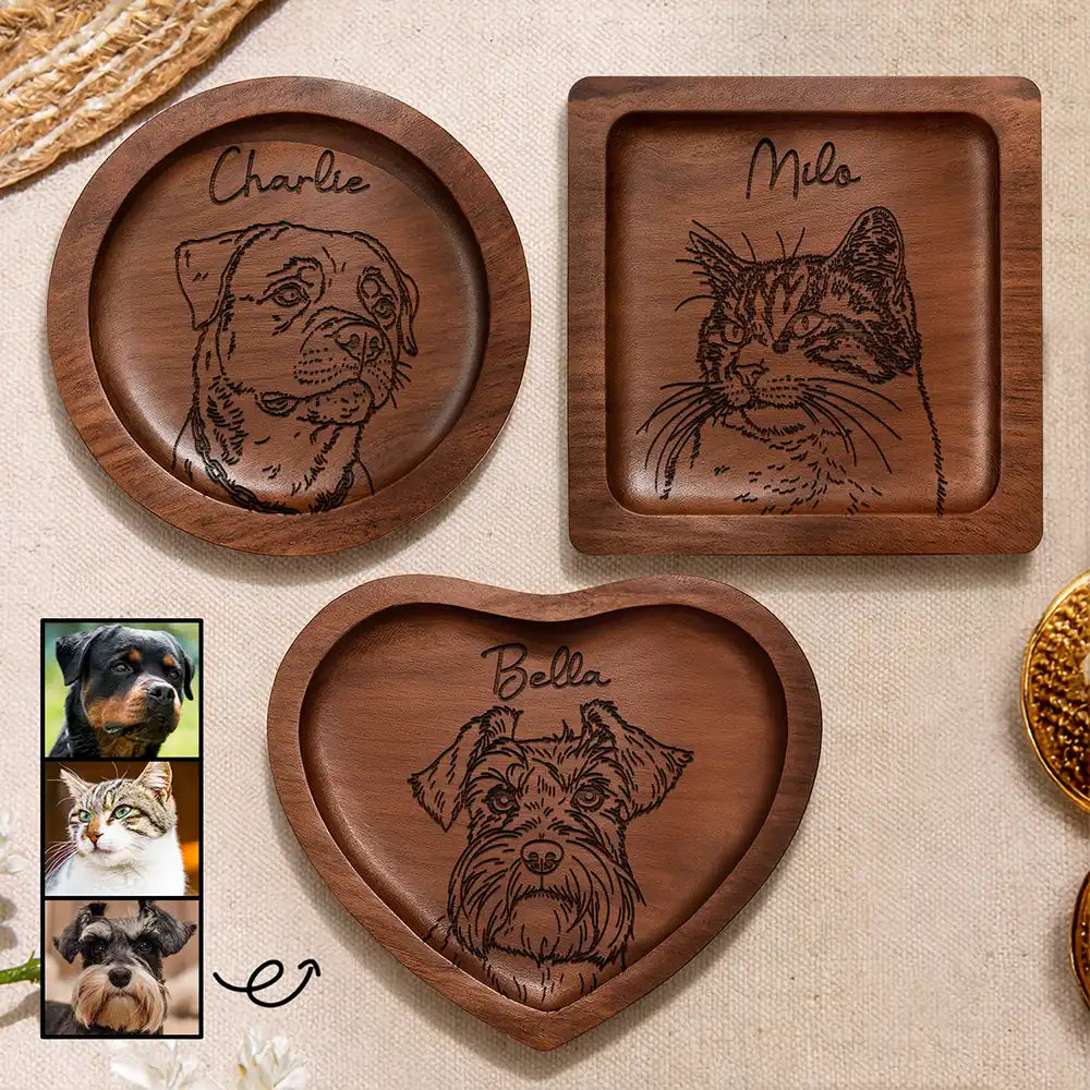 Pet Lovers,Pet Mom,Custom Photo,Happy - Custom Photo Outline Sketch Pet Face And Name - Personalized Wood Ring Dish
