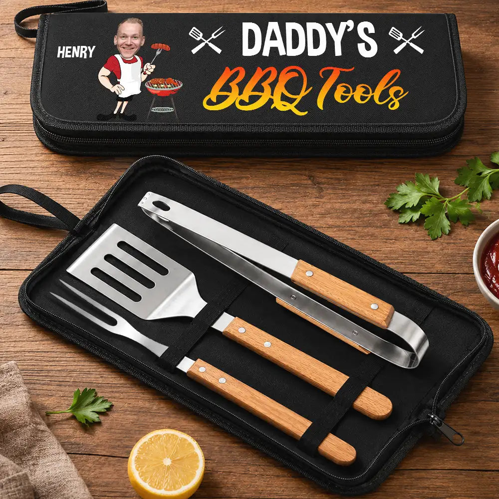 Gift For Father,Gift For Grandpa,Grandpa's Hobby,Dad's Hobby,Grilling,Non-Eng,Photo,Humorous - Custom Photo Papa's Grilling Tools - Personalized BBQ Tool Set With Storage Bag