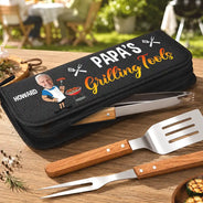 Gift For Father,Gift For Grandpa,Grandpa's Hobby,Dad's Hobby,Grilling,Non-Eng,Photo,Humorous - Custom Photo Papa's Grilling Tools - Personalized BBQ Tool Set With Storage Bag