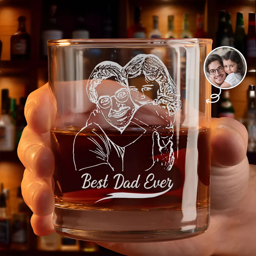 Custom Photo Pencil Drawing Best Dad Ever I Love You - Personalized Engraved Whiskey Glass