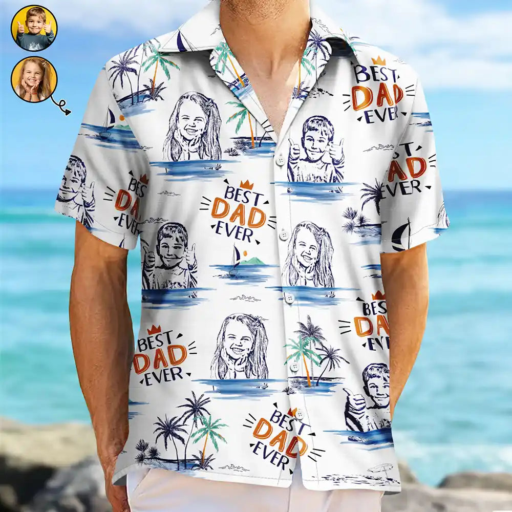 Gift For Husband,Gift For Yourself,Gift For Men,Gift For Grandpa,Gift For Father,Summer,Beach - Custom Photo Pencil Drawing Best Dad Grandpa Ever - Personalized Hawaiian Shirt