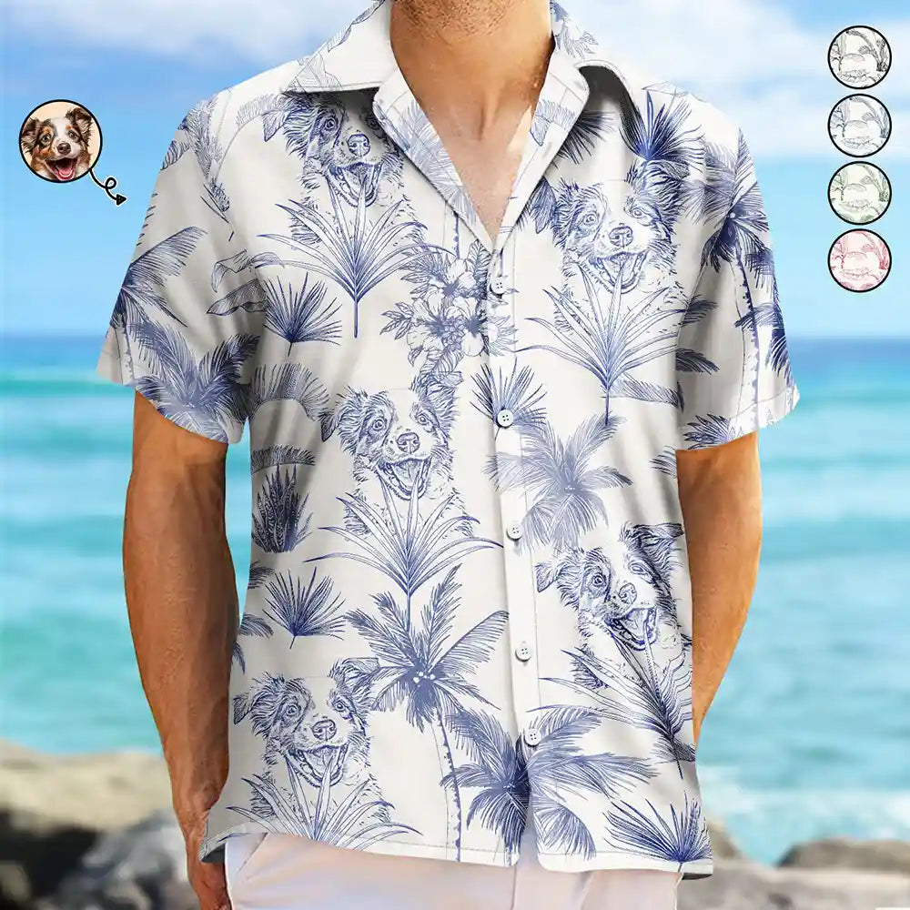 Custom Photo Pencil Drawing Toile De Jouy Pattern Family Pet - Personalized Hawaiian Shirt