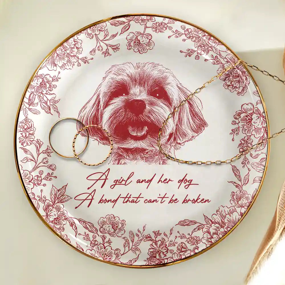 Dog Lovers,Dog Mom,Pet Lovers,Pet Mom - Custom Photo Pencil Sketch A Girl And Her Dog Cat - Personalized Ring Dish