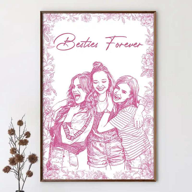 Gift For Bestie,Old Best friends,Gift For Sisters,Custom Photo,Happy - Custom Photo Pencil Sketch A True Friendship Is A Journey Without An End - Personalized Poster