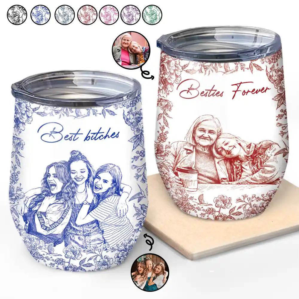 Custom Photo Pencil Sketch A True Friendship Is A Journey Without An End - Personalized Wine Tumbler