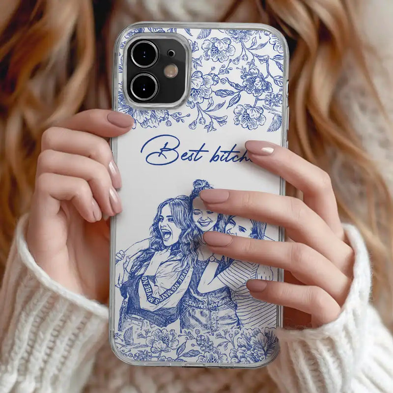 Gift For Bestie,Old Best friends,Gift For Sisters,Happy,Custom Photo - Custom Photo Pencil Sketch A True Friendship Is A Journey Without An End - Personalized Clear Phone Case