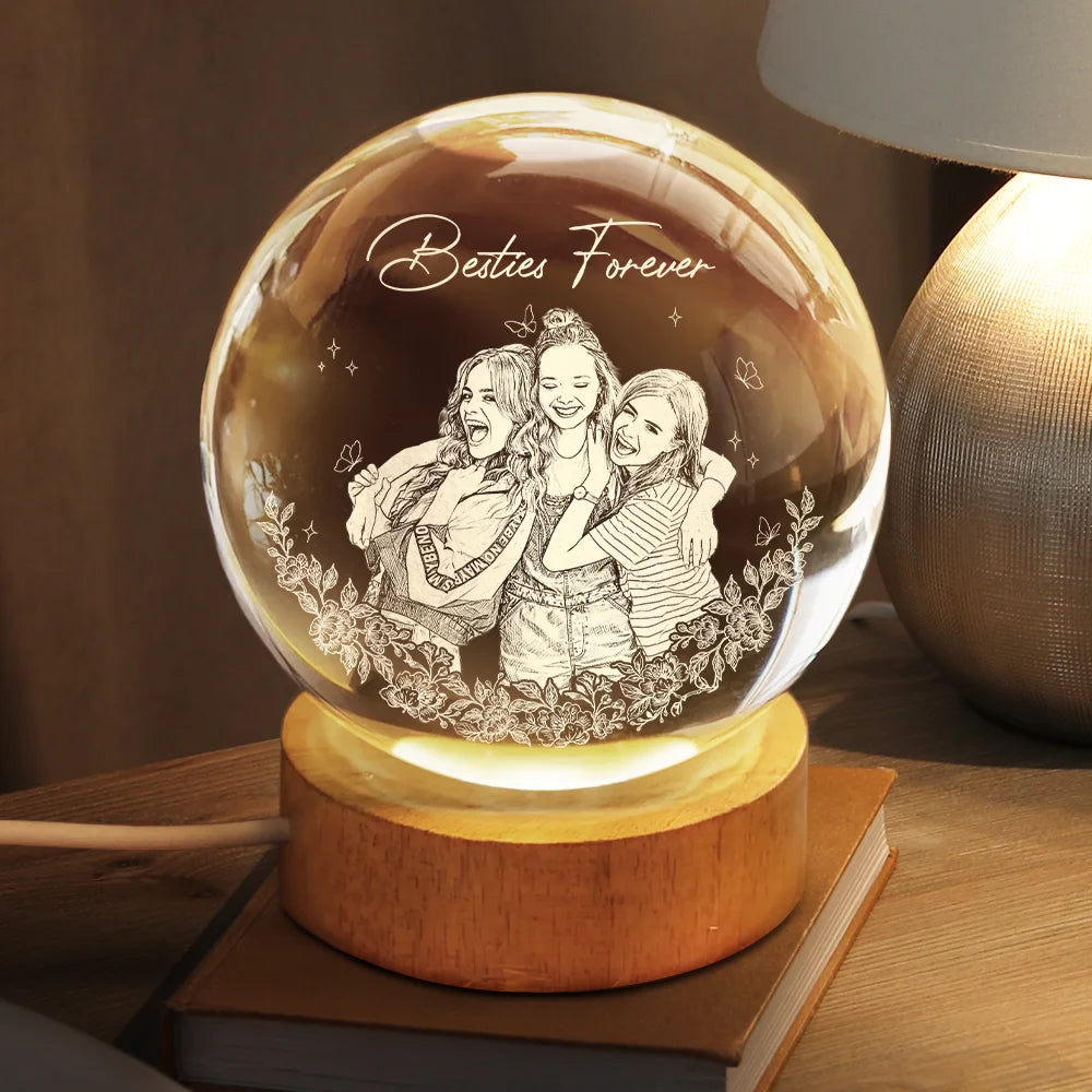 Gift For Bestie,Old Best friends,Gift For Sisters,Custom Photo,Happy - Custom Photo Pencil Sketch A True Friendship Is A Journey Without An End - Personalized Crystal Globe Lamp