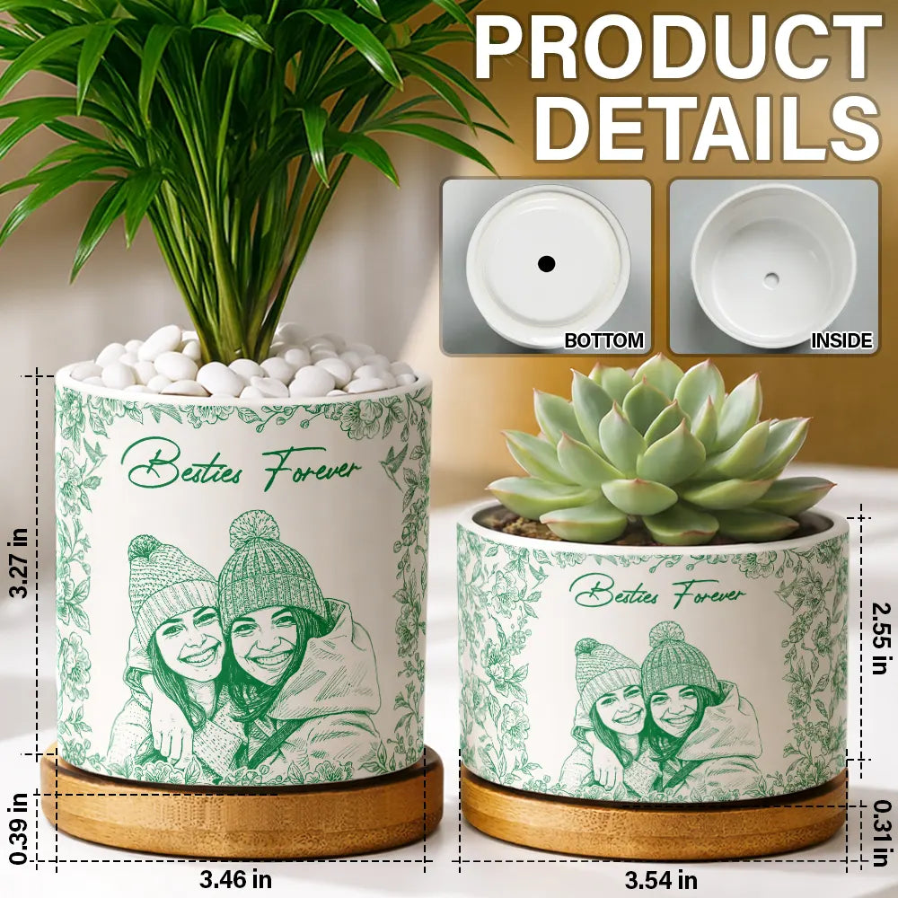 Gift For Bestie,Old Best friends,Gift For Sisters,Custom Photo,Happy - Custom Photo Pencil Sketch A True Friendship Is A Journey Without An End - Personalized Ceramic Plant Pot