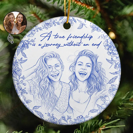 Custom Photo Pencil Sketch A True Friendship Is A Journey Without An End - Personalized Circle Ceramic Ornament