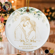 First Christmas,Art Design,Christmas,Romantic,Gift For Couples,Photo - Pencil Sketch - Remove BG - Custom Photo Pencil Sketch Always & Forever Couple First Christmas - Personalized Circle Ceramic Ornament