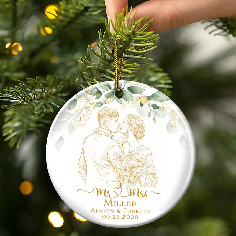 First Christmas,Art Design,Christmas,Romantic,Gift For Couples,Photo - Pencil Sketch - Remove BG - Custom Photo Pencil Sketch Always & Forever Couple First Christmas - Personalized Circle Ceramic Ornament