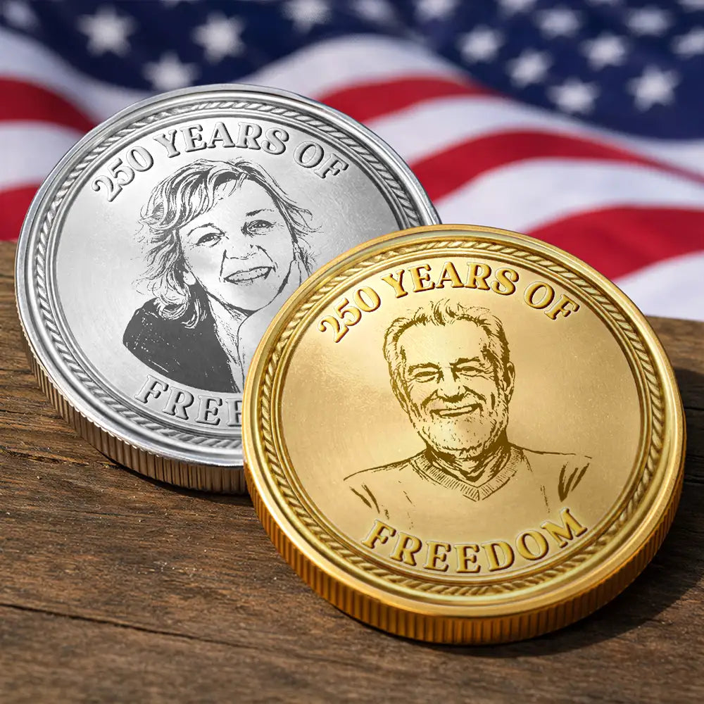 America 250th, Independence Day, Gift For Couples, Gift For Father, Happy - Custom Photo Pencil Sketch America 250 Years Of Freedom - Personalized Commemorative Keepsake Coin