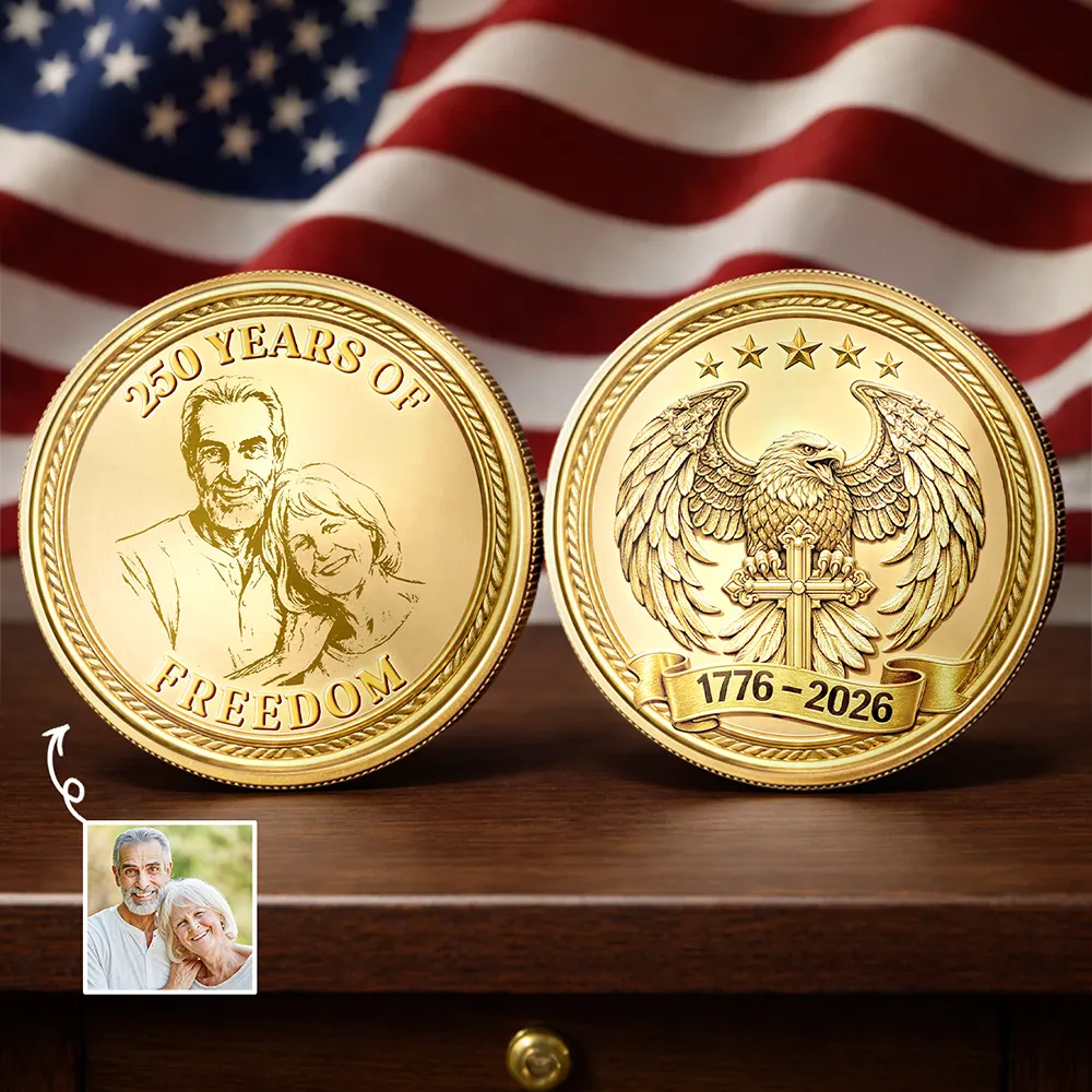 America 250th, Independence Day, Gift For Couples, Gift For Father, Happy - Custom Photo Pencil Sketch America 250 Years Of Freedom - Personalized Commemorative Keepsake Coin