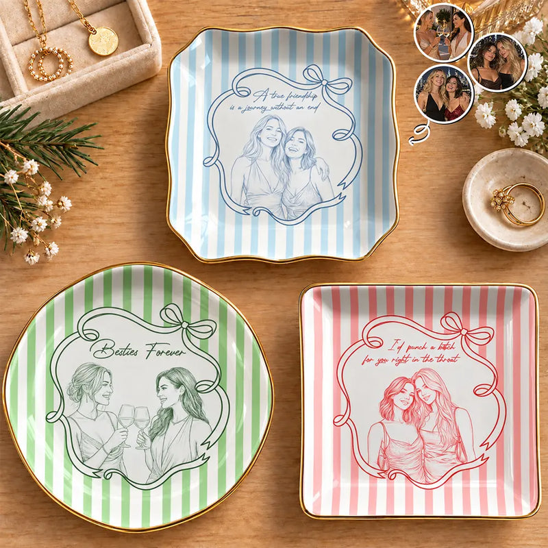 Top Market,Art Design,Gift For Bestie,Photo - Pencil Sketch - White BG,Happy - Custom Photo Pencil Sketch Art A True Friendship Is A Journey Without An End Stripe - Personalized Ring Dish
