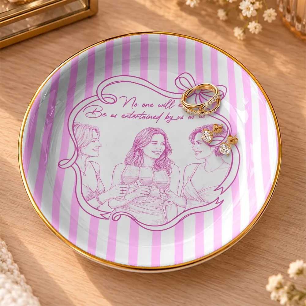 Top Market,Art Design,Gift For Bestie,Photo - Pencil Sketch - White BG,Happy - Custom Photo Pencil Sketch Art A True Friendship Is A Journey Without An End Stripe - Personalized Ring Dish