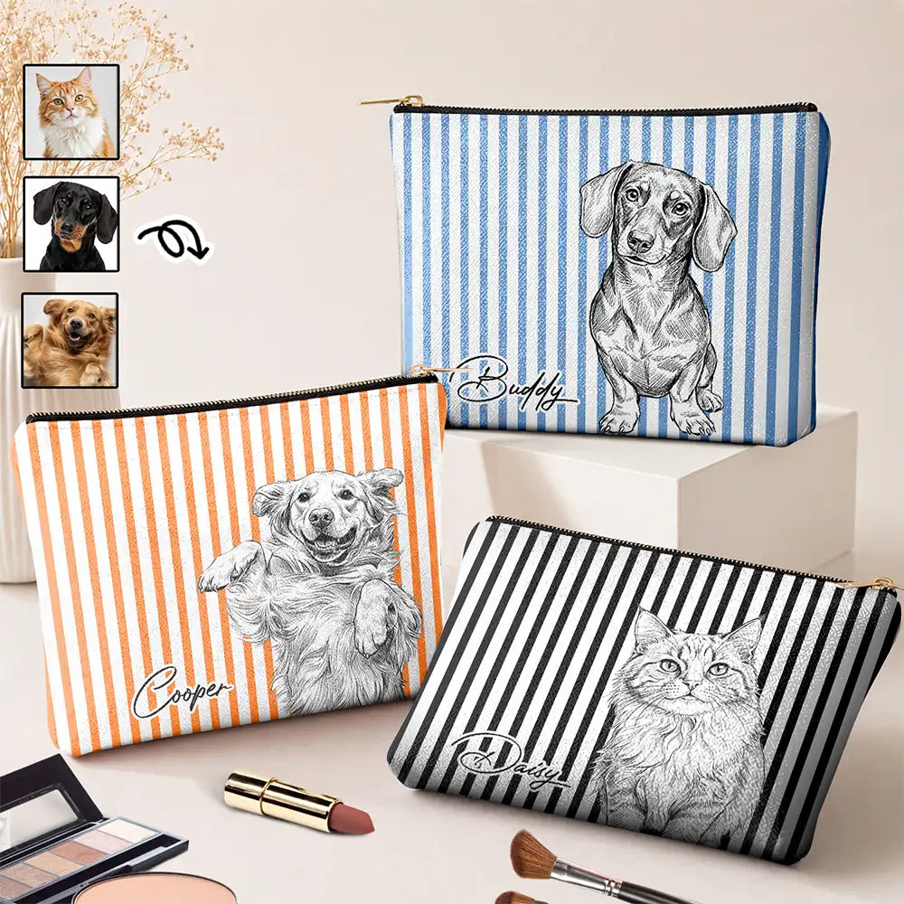 Custom Photo Pencil Sketch Art Besties Dog Cat - Personalized Cosmetic Bag