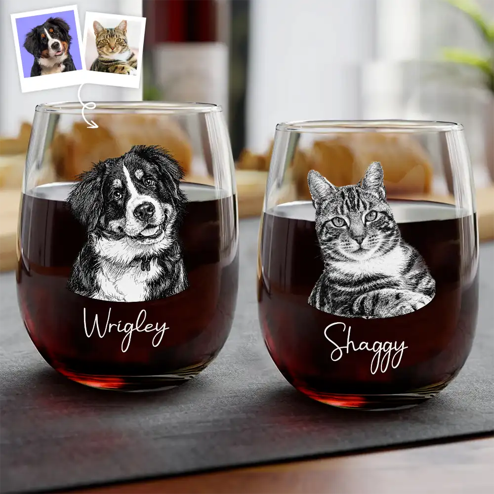 Custom Photo Pencil Sketch Art Family Besties Dog Cat Portrait - Personalized Stemless Wine Glass