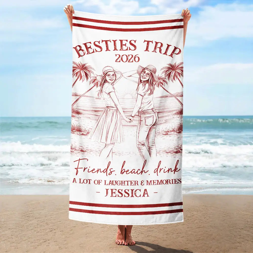 Beach,Gift For Bestie,Family,Happy,Summer - Custom Photo Pencil Sketch Art Girls Trip A Lot Of Laughter & Memories - Personalized Beach Towel