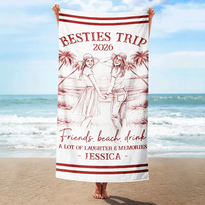 Beach,Gift For Bestie,Family,Happy,Summer - Custom Photo Pencil Sketch Art Girls Trip A Lot Of Laughter & Memories - Personalized Beach Towel