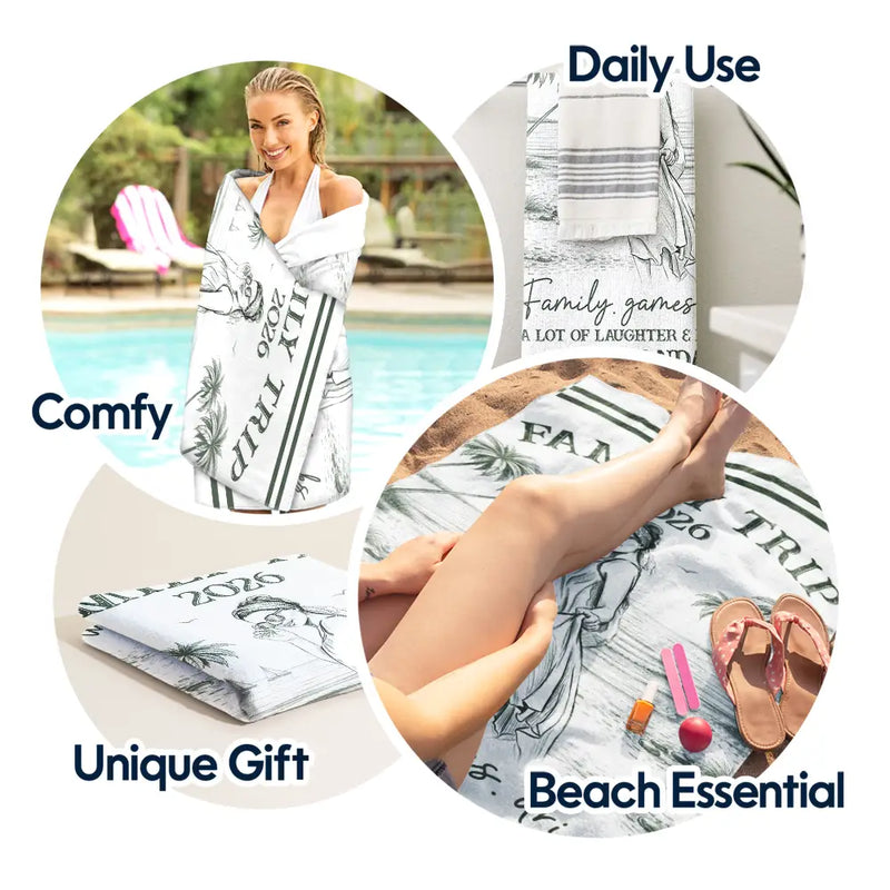 Beach,Gift For Bestie,Family,Happy,Summer - Custom Photo Pencil Sketch Art Girls Trip A Lot Of Laughter & Memories - Personalized Beach Towel
