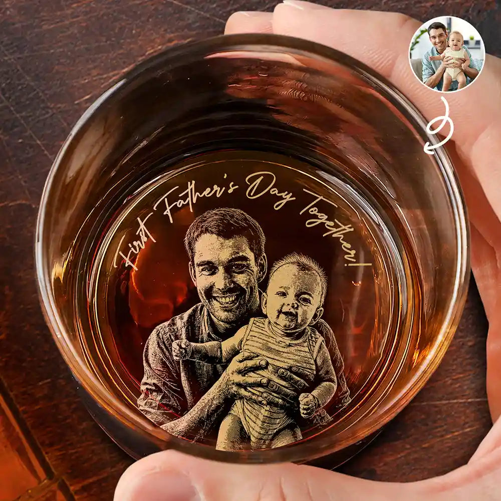 Custom Photo Pencil Sketch Art Our First Father's Day Together Portrait - Personalized Engraved Whiskey Glass