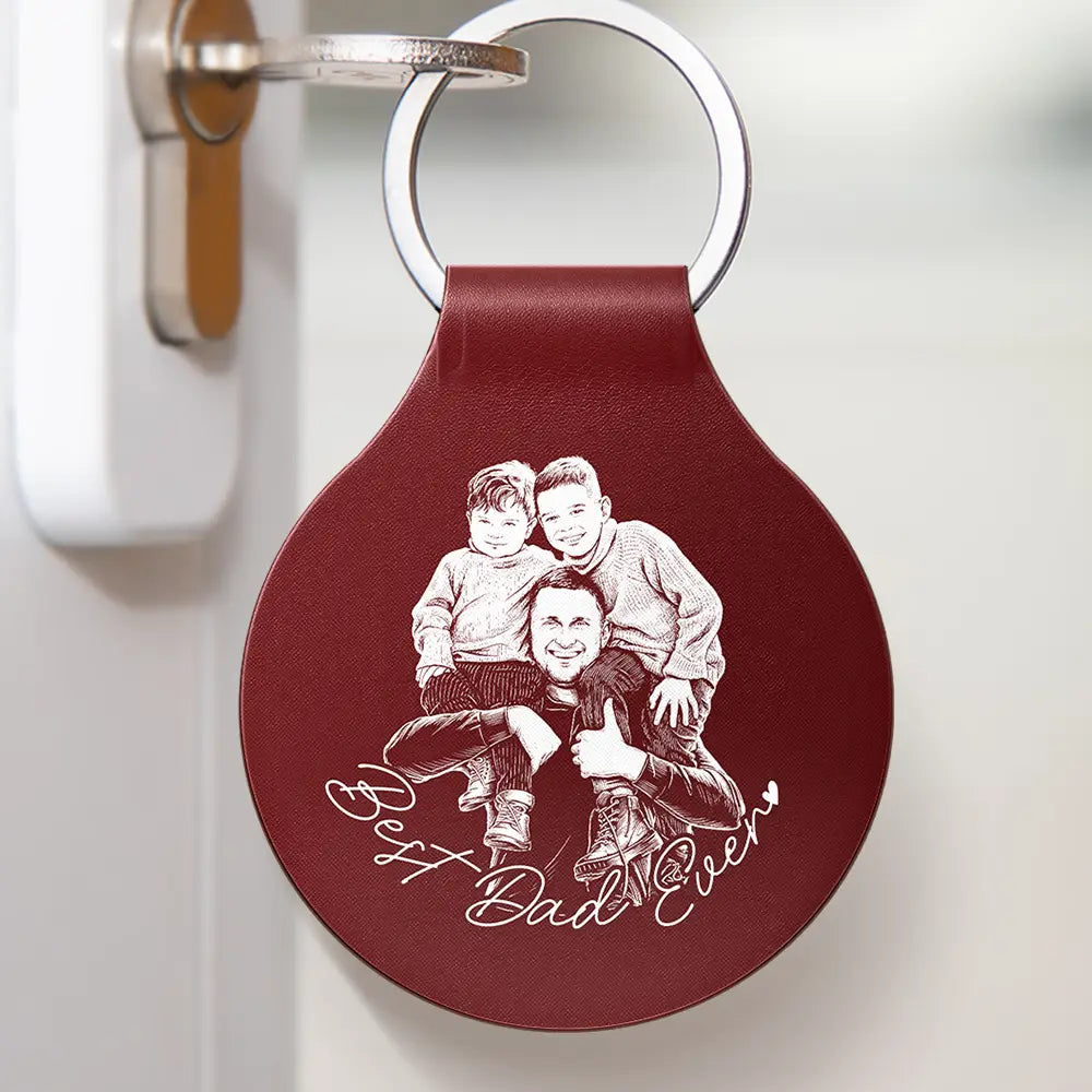 Gift For Father,Gift For Grandpa,Dog Dad,Cat Dad,Pet Dad,Family,Non-Eng,Photo - Pencil Sketch,Confident - Custom Photo Pencil Sketch Best Dad Ever - Personalized Custom Shaped Leather Keychain