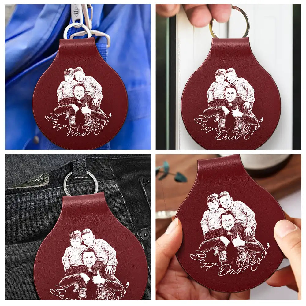 Gift For Father,Gift For Grandpa,Dog Dad,Cat Dad,Pet Dad,Family,Non-Eng,Photo - Pencil Sketch,Confident - Custom Photo Pencil Sketch Best Dad Ever - Personalized Custom Shaped Leather Keychain