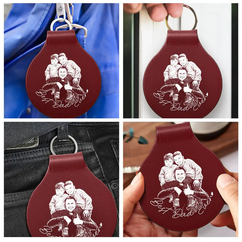 Gift For Father,Gift For Grandpa,Dog Dad,Cat Dad,Pet Dad,Family,Non-Eng,Photo - Pencil Sketch,Confident - Custom Photo Pencil Sketch Best Dad Ever - Personalized Custom Shaped Leather Keychain