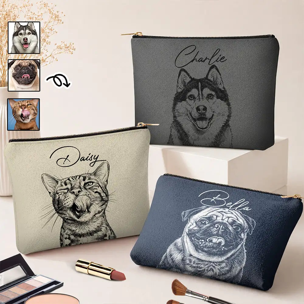 Custom Photo,Beach,Art Design,Summer,Pet Lovers,Playful,Photo - Pencil Sketch - Remove BG - Custom Photo Pencil Sketch Besties Family Pet Funny Portrait - Personalized Cosmetic Bag