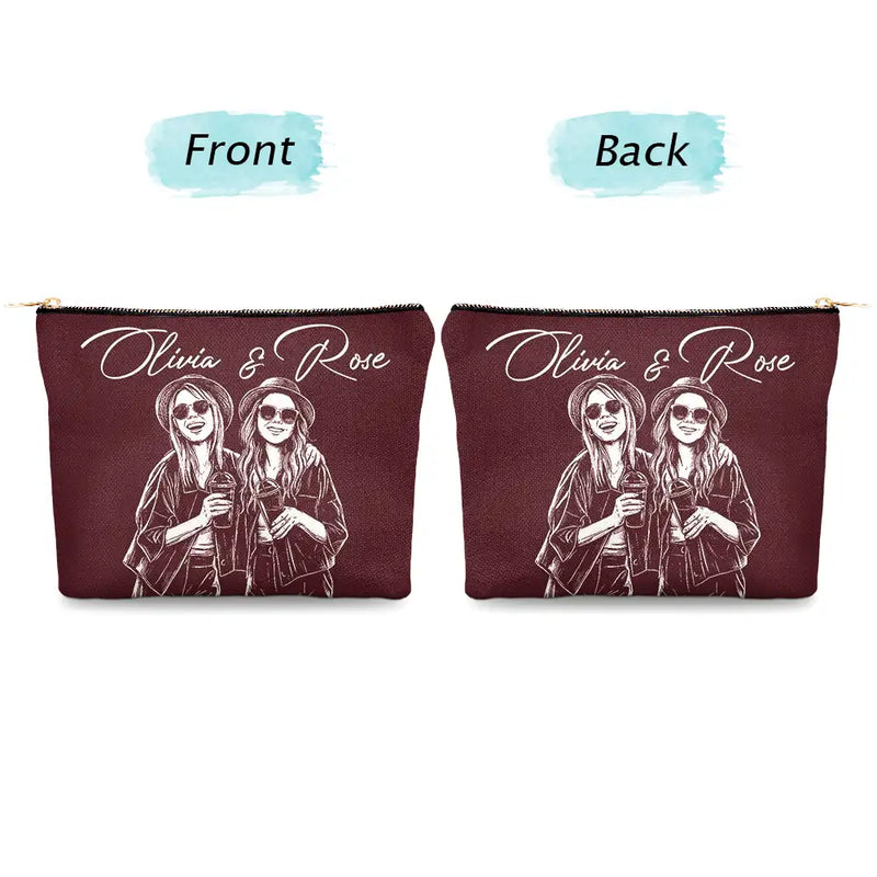 Custom Photo,Beach,Art Design,Summer,Pet Lovers,Playful,Photo - Pencil Sketch - Remove BG - Custom Photo Pencil Sketch Besties Family Pet Funny Portrait - Personalized Cosmetic Bag