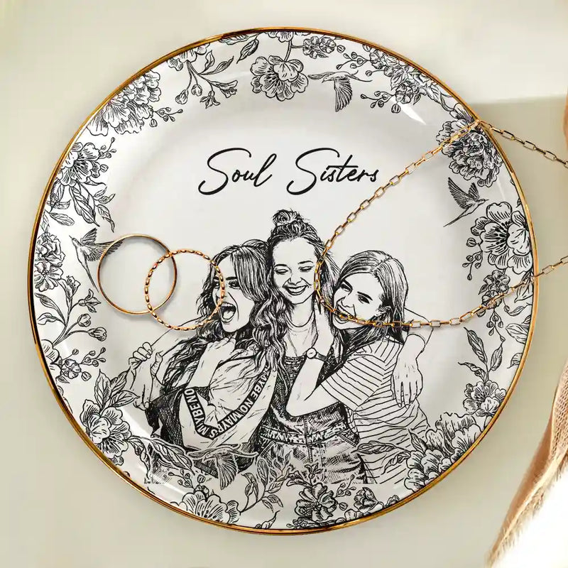 Gift For Bestie,Gift For Women,Gift For Sisters,Happy - Custom Photo Pencil Sketch Besties Forever - Personalized Ring Dish