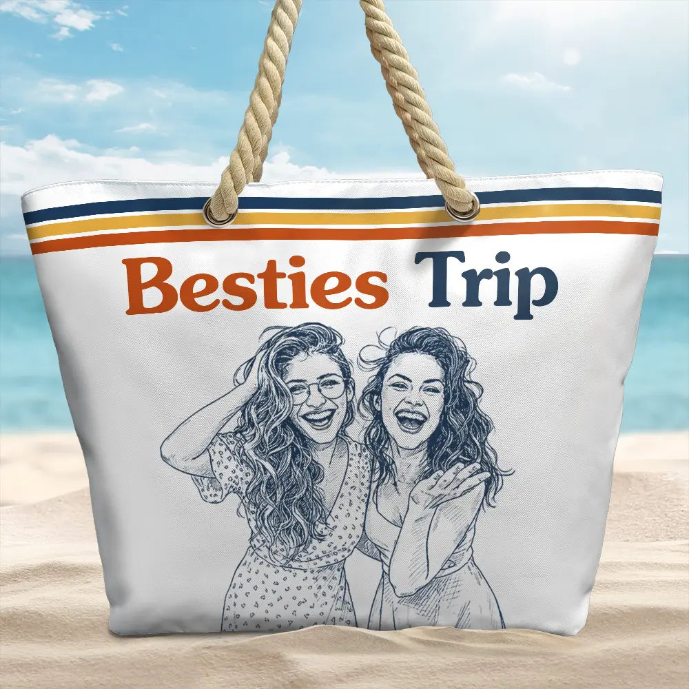 Custom Photo,Beach,Art Design,Summer,Gift For Bestie,Playful,Photo - Pencil Sketch - Remove BG - Custom Photo Pencil Sketch Besties Trip Retro - Personalized Beach Bag