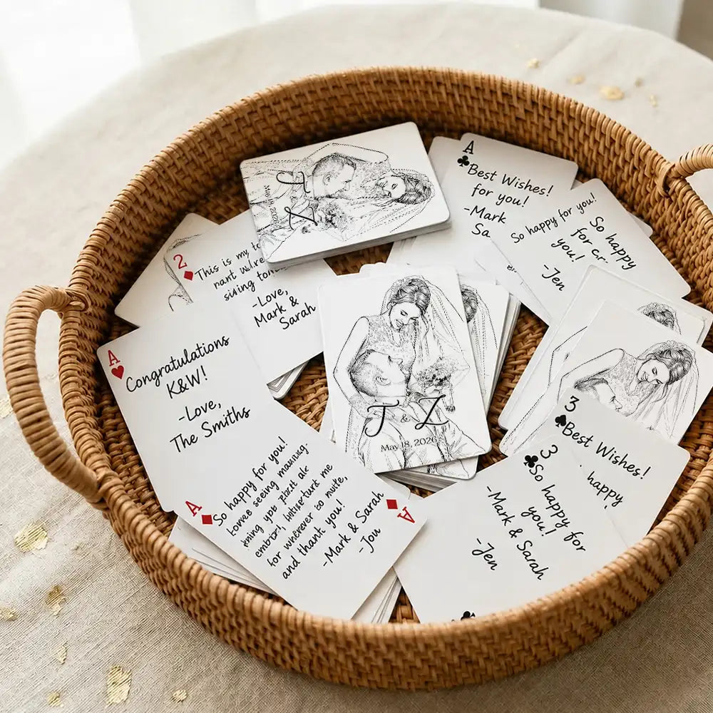 Art Design,Romantic,Gift For Couples,Wedding,Photo - Pencil Sketch - Bold,Monogram - Custom Photo Pencil Sketch Bride Groom Monogram Guest Book - Personalized Playing Cards