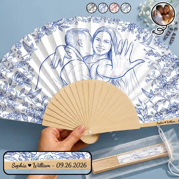 Art Design,Romantic,Gift For Couples,Wedding,Photo - Pencil Sketch - Bold,Custom Text - Custom Photo Pencil Sketch Bride Groom Wedding Toile - Personalized Hand Folding Fans