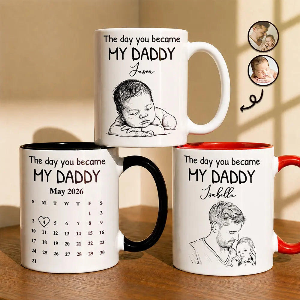 Custom Photo Pencil Sketch Calendar The Day You Became My Mom Dad - Personalized Mug