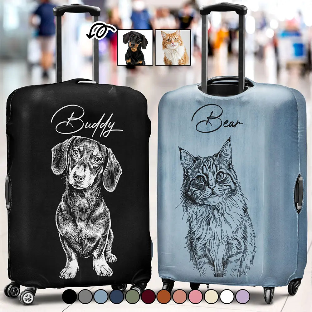Custom Photo, Beach, Art Design, Summer, Pet Lovers, Playful, Photo - Pencil Sketch - Remove BG - Custom Photo Pencil Sketch Couple Besties Family Pet Funny Portrait - Personalized Luggage Cover