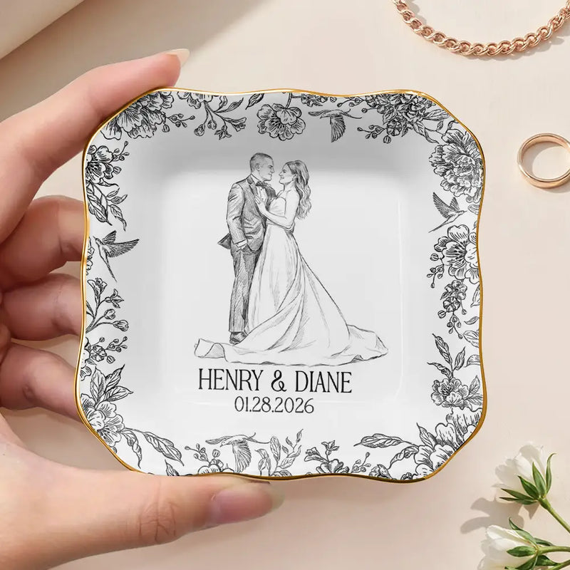 Custom Photo, Art Design, Gift For Couples, Wedding Anniversary, Romantic, Photo - Pencil Sketch - Remove BG - Custom Photo Pencil Sketch Couple Wedding Anniversary - Personalized Ring Dish