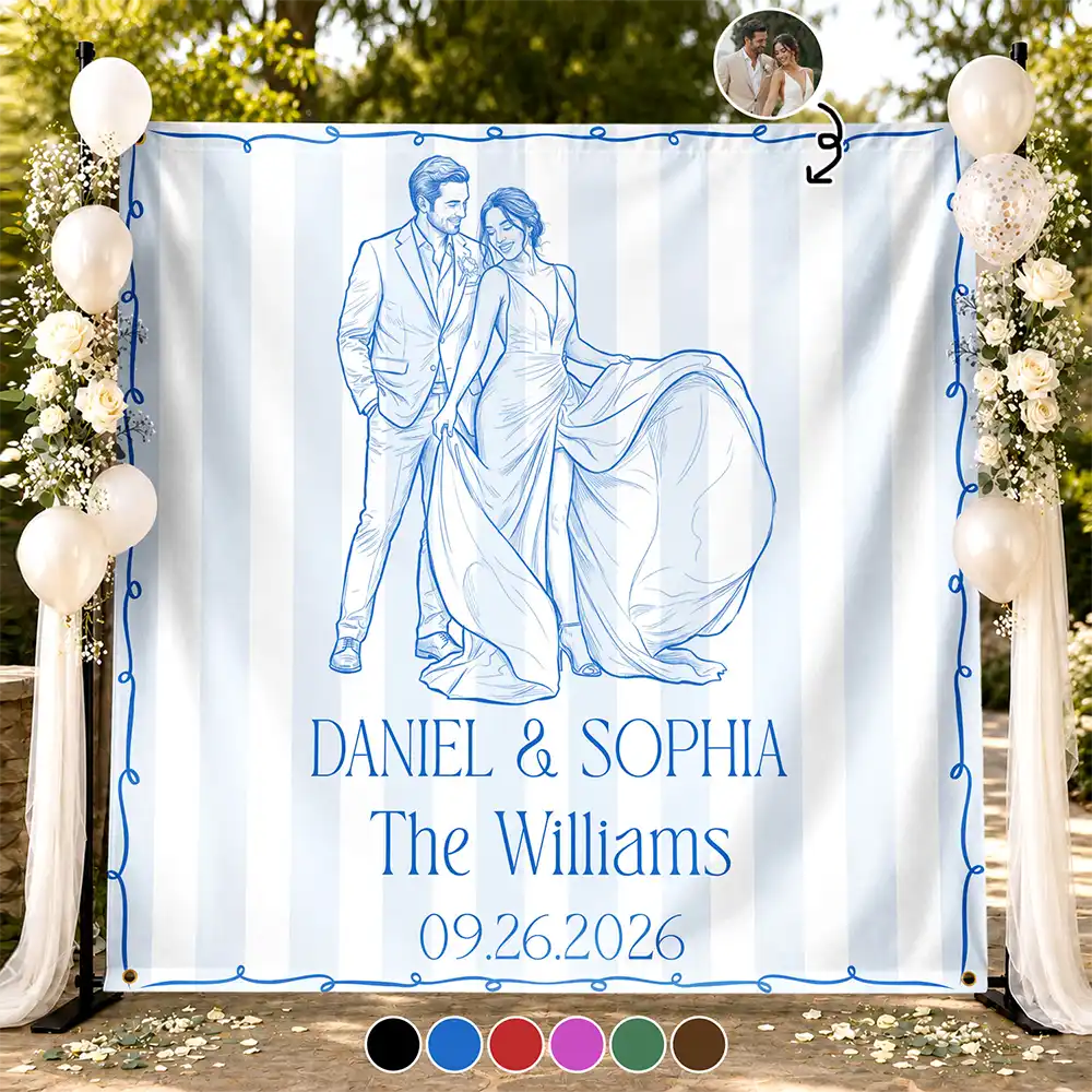 Custom Photo Pencil Sketch Couples Wedding Engaged Bachelor Party - Personalized Backdrop