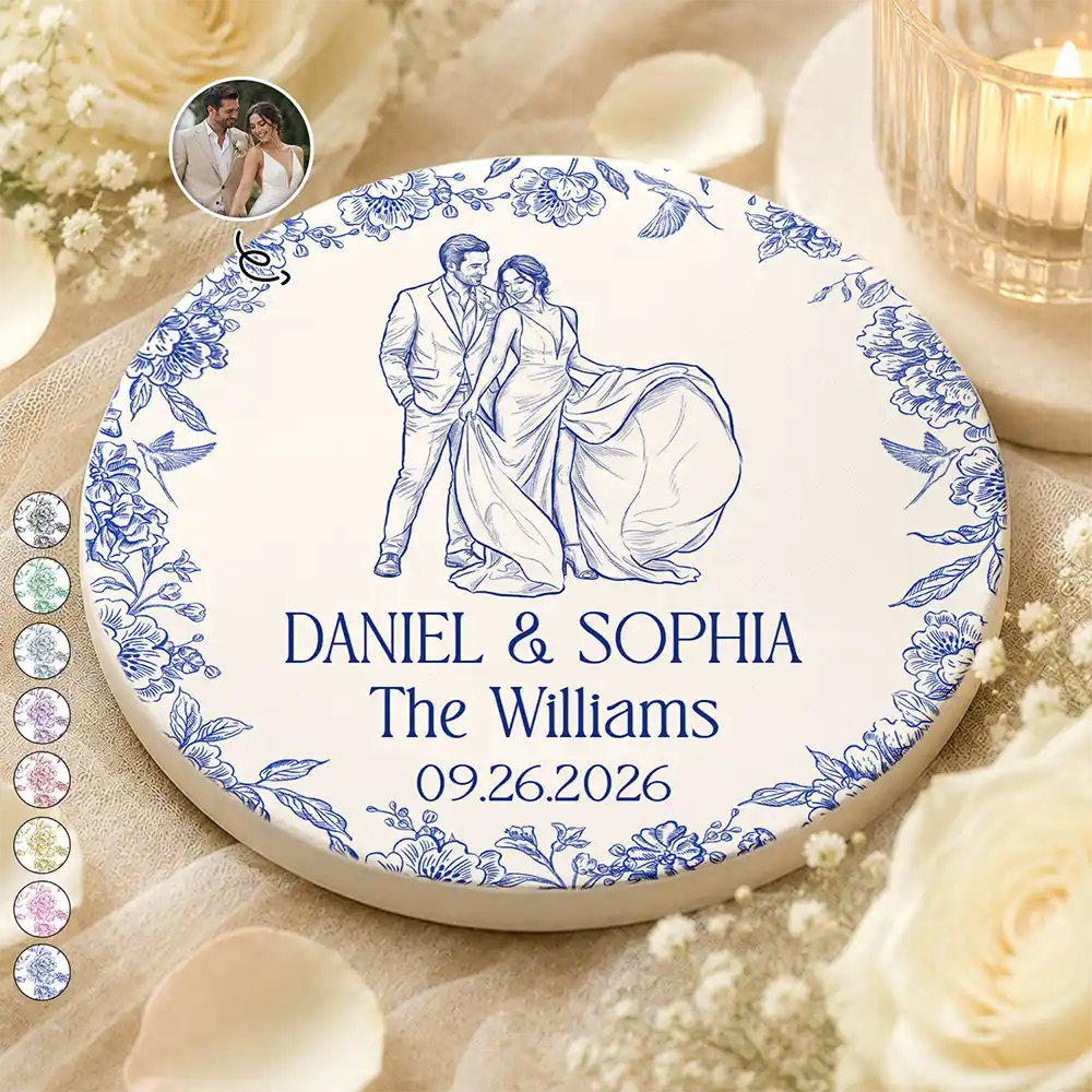 Custom Photo Pencil Sketch Couples Wedding Engaged Bachelor Party - Personalized Ceramic Coaster