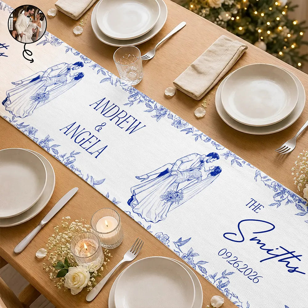 Custom Photo Pencil Sketch Couples Wedding Engaged Bachelor Party - Personalized Table Runner