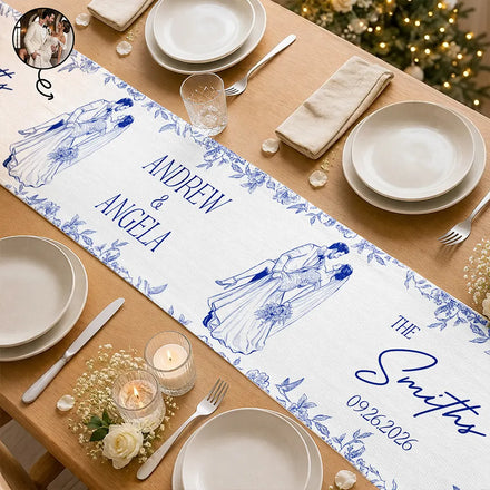 Custom Photo Pencil Sketch Couples Wedding Engaged Bachelor Party - Personalized Table Runner