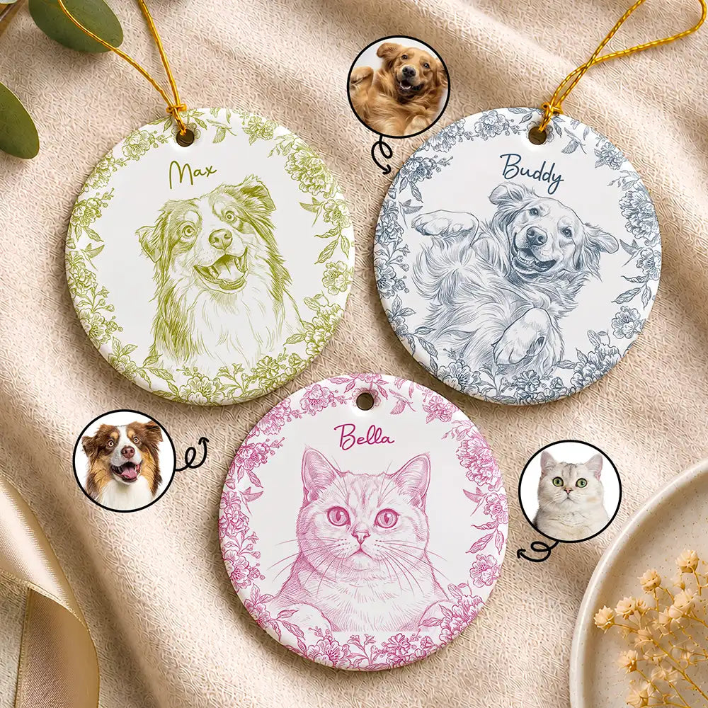 Custom Photo Pencil Sketch Cute Dog Cat Portrait - Personalized Circle Ceramic Ornament