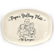 Gift For Father,Custom Photo,Grilling,Art Design,Proud,Photo - Pencil Sketch - Remove BG - Custom Photo Pencil Sketch Dad's Grilling Plate - Personalized Plate
